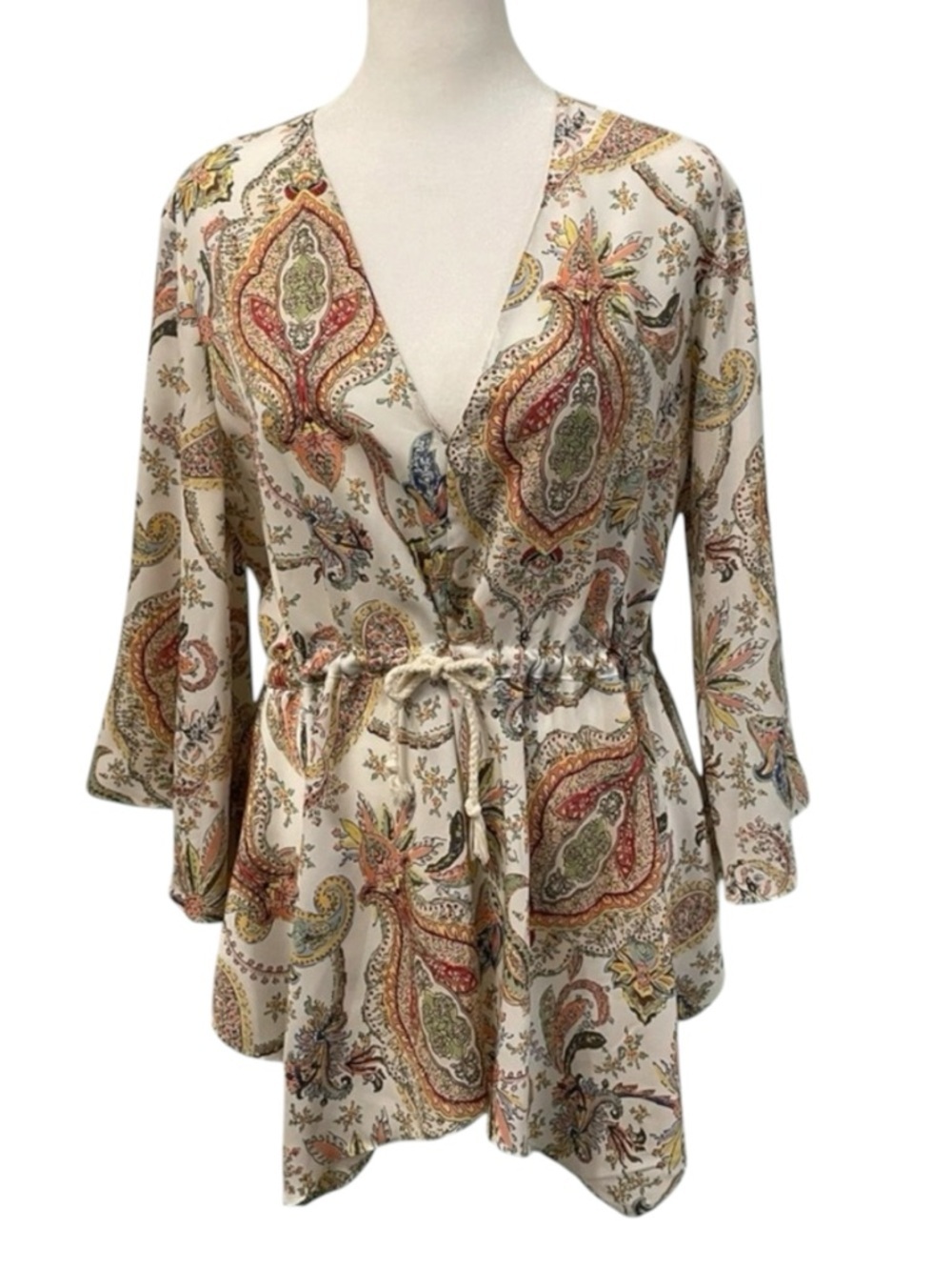 🧡ZARA Paisley Blouse w/ Tie Waist, cream & colorful patterns. Like new.